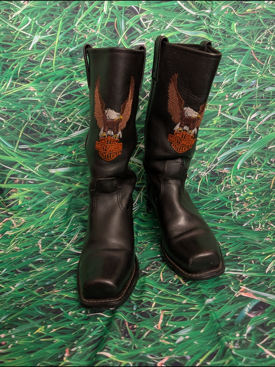 Harley-Davidson Shoes - VTG Harley Davidson Black Leather Motorcycle Boots Patina Embroidered Eagle 8L